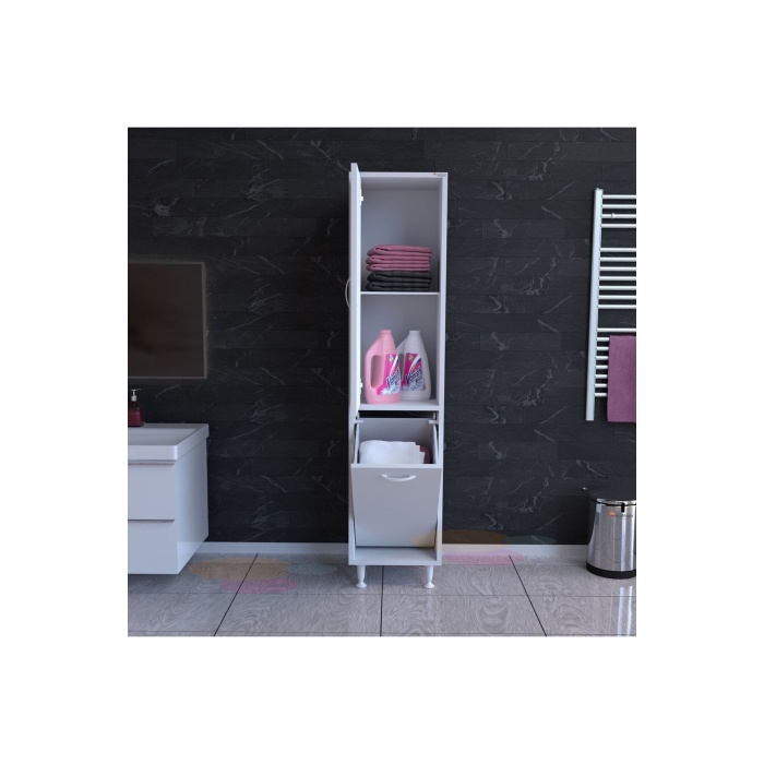 MODİLAYN Alaçatı 35 x 160 cm Çamaşır Sepetli Dolap Banyo Dolabı Temizlik Deterjan Dolabı