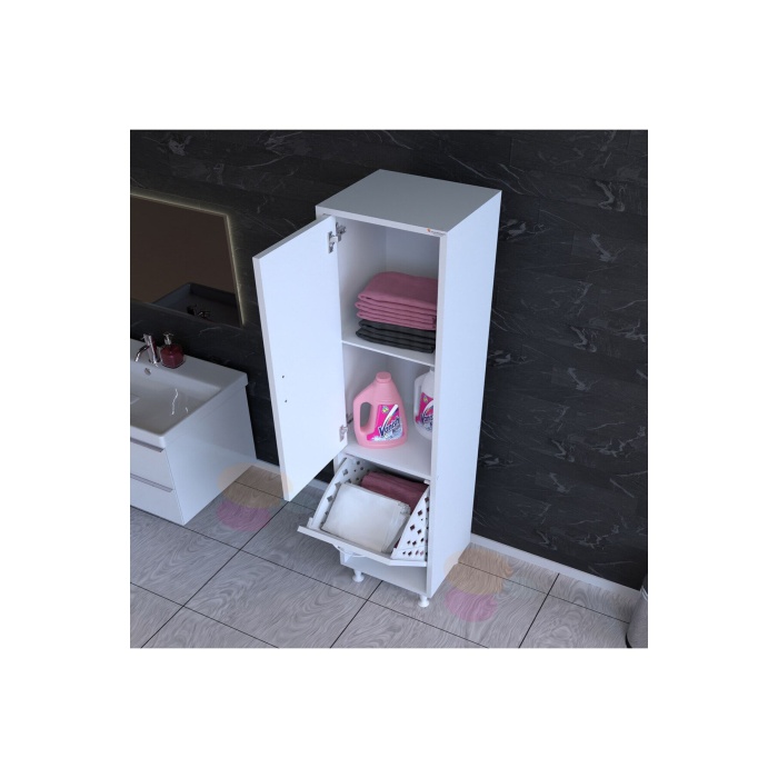 MODİLAYN Alaçatı 35 x 160 cm Çamaşır Sepetli Dolap Banyo Dolabı Temizlik Deterjan Dolabı