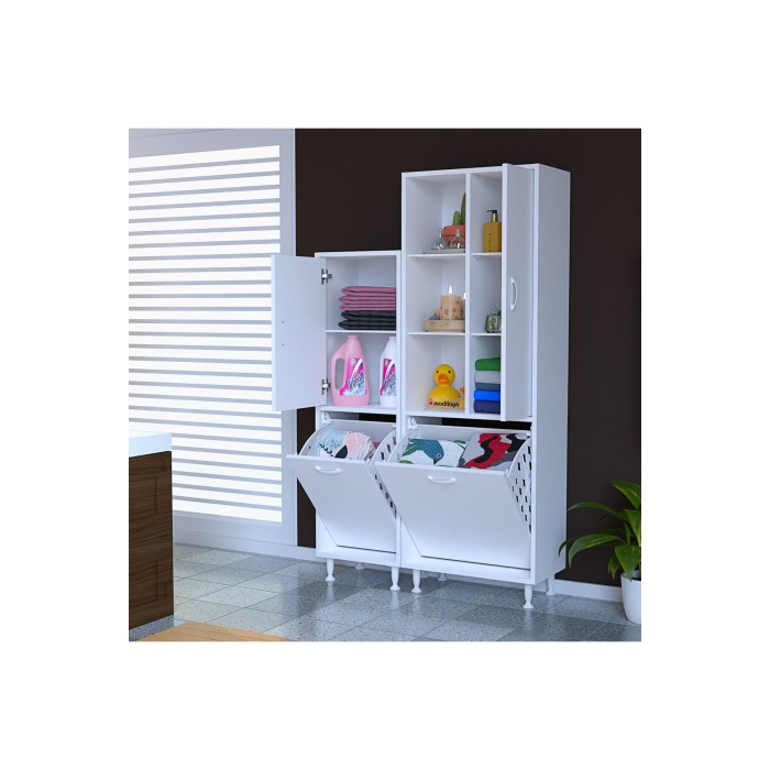 FORBEST İNCİ Çok Amaçlı Dolap Çamaşır Sepetli Dolap 3 Kapaklı Banyo Dolabı Mutfak Dolabı