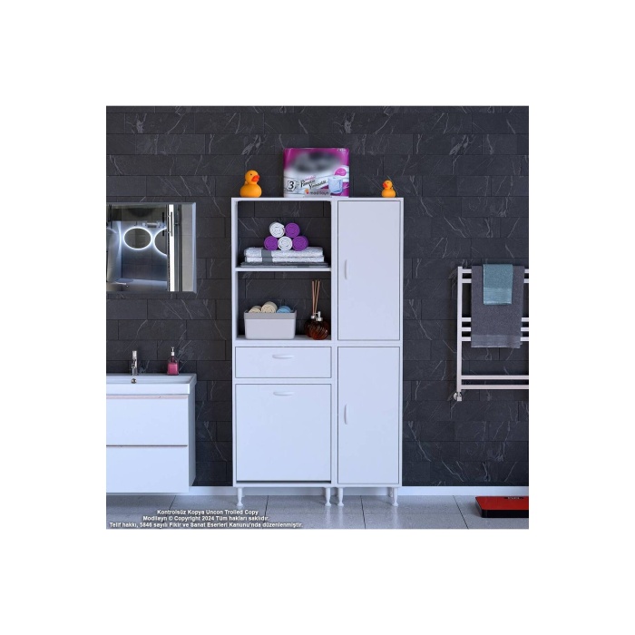 Mi?s Urla Yeni?ce 90 X 183,5 X 32cm Kirli Çamaşır Sepetli Banyo Dolabı 2 Kapaklı Banyo Dolabı