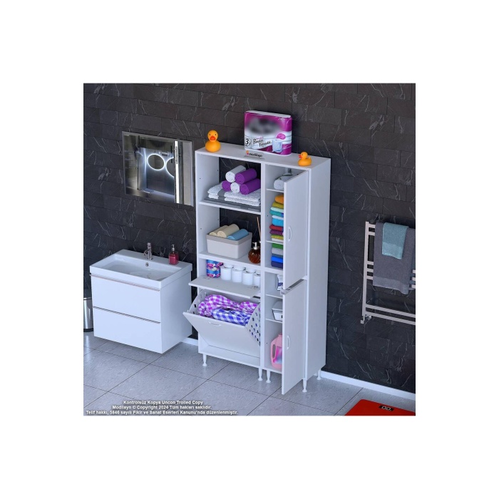 Mi?s Urla Yeni?ce 90 X 183,5 X 32cm Kirli Çamaşır Sepetli Banyo Dolabı 2 Kapaklı Banyo Dolabı