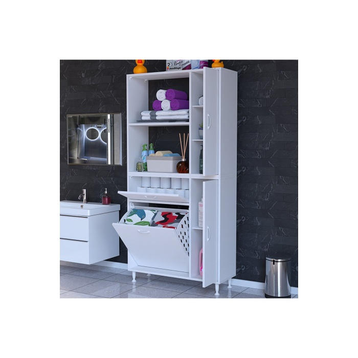 MODİLAYN Mis Urla YENİCE Çok Amaçlı Banyo Dolabı 90 x 183,5 x 32 cm Kirli Çamaşır Sepetli Dolap