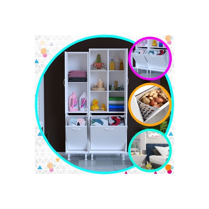 Alaçatı Inci 90x160x32 3 Kapaklı 2 Sepetli Banyo Dolabı Kirli Çamaşır Dolabı Mutfak Dolabı