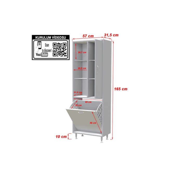 57 x 165 x30cm 3 Kapaklı Çok Amaçlı Mutfak Dolabı Sepetli Banyo Dolabı Oyuncak Dolabı