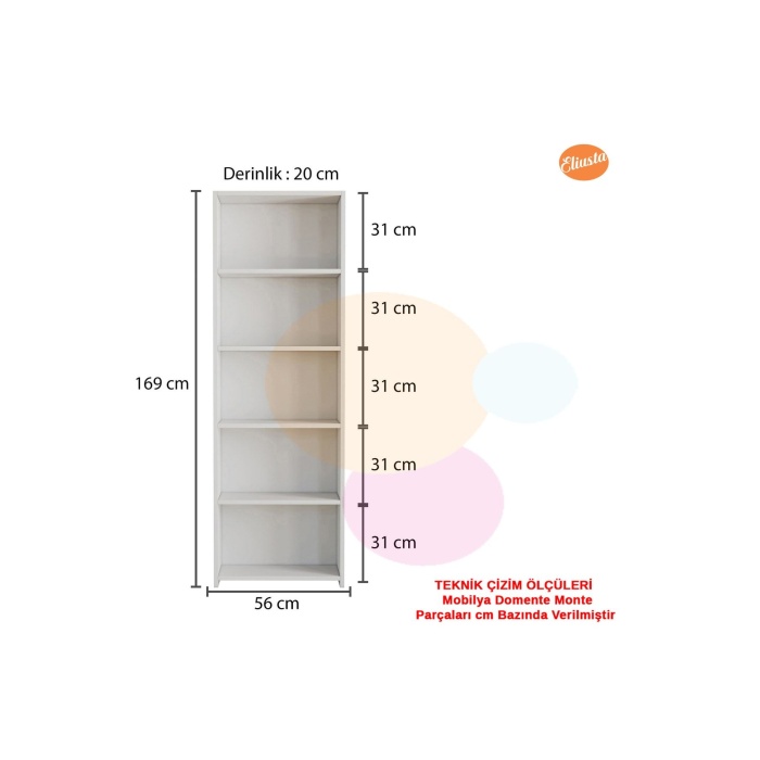 Mutfak Dolabı 5 Raflı Arkalıklı Kitaplık Ofis Dolabı Çok Amaçlı Dolap Banyo Dolabı