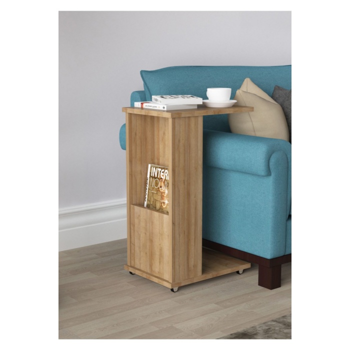 Raflı C Yan Sehpa Koltuk Yanı Tekerlekli Sehpa Çok Amaçlı