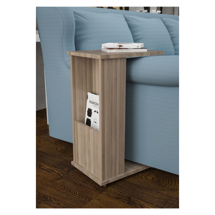 Raflı C Yan Sehpa Koltuk Yanı Tekerlekli Sehpa Çok Amaçlı