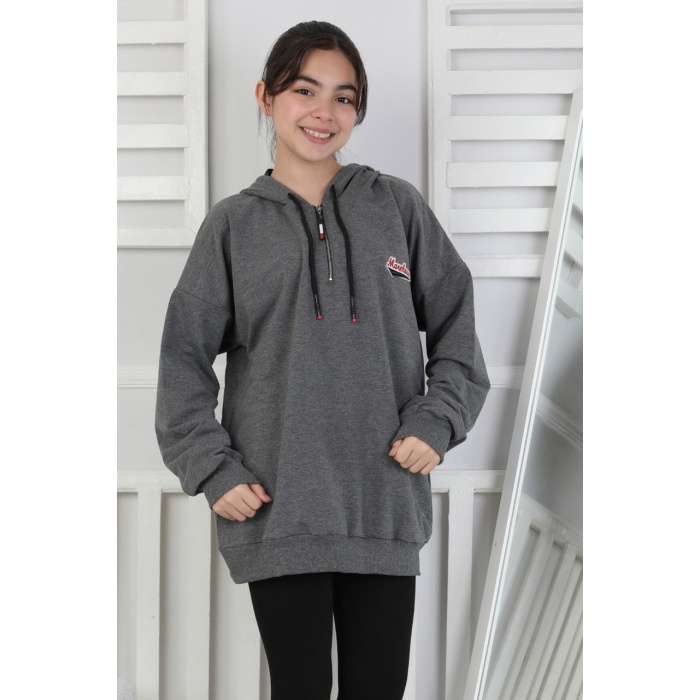 Baskılı Fermuarlı Kapüşonlu Kız Çocuk Sweatshirt