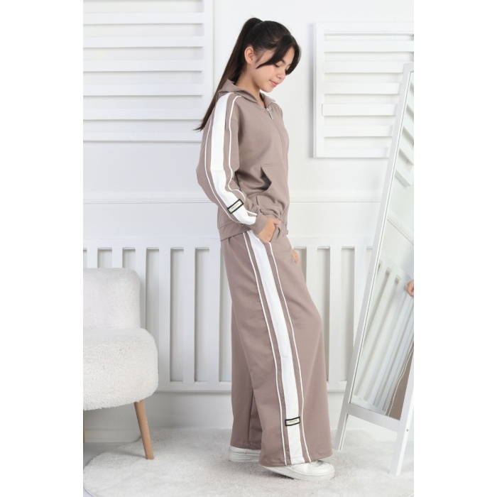 İki İplik Çizgili Kapşonlu Fermuarlı Kız Çocuk Takım