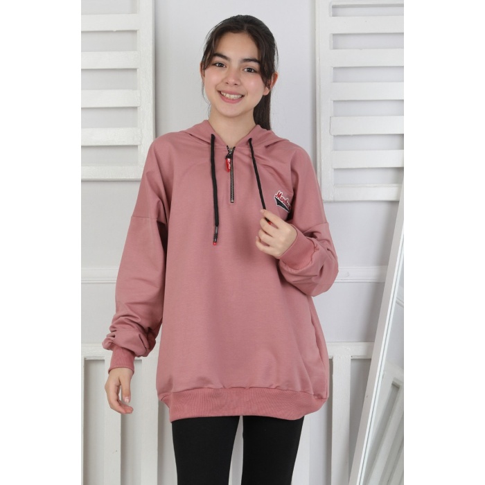 Baskılı Fermuarlı Kapüşonlu Kız Çocuk Sweatshirt