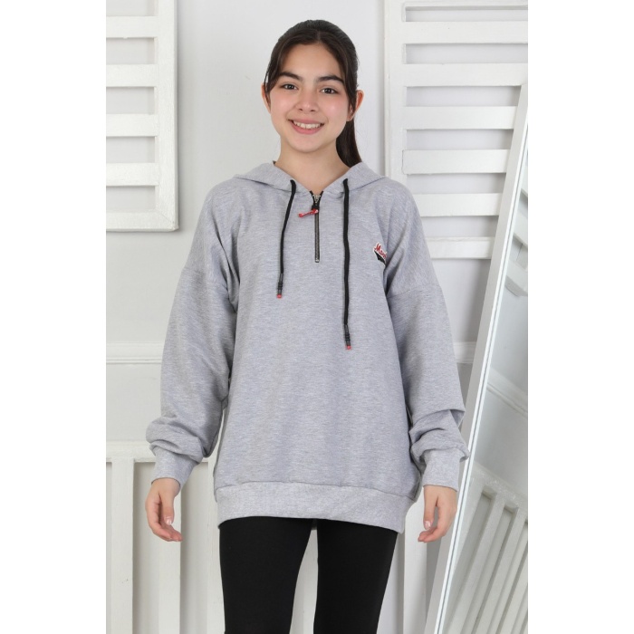 Baskılı Fermuarlı Kapüşonlu Kız Çocuk Sweatshirt
