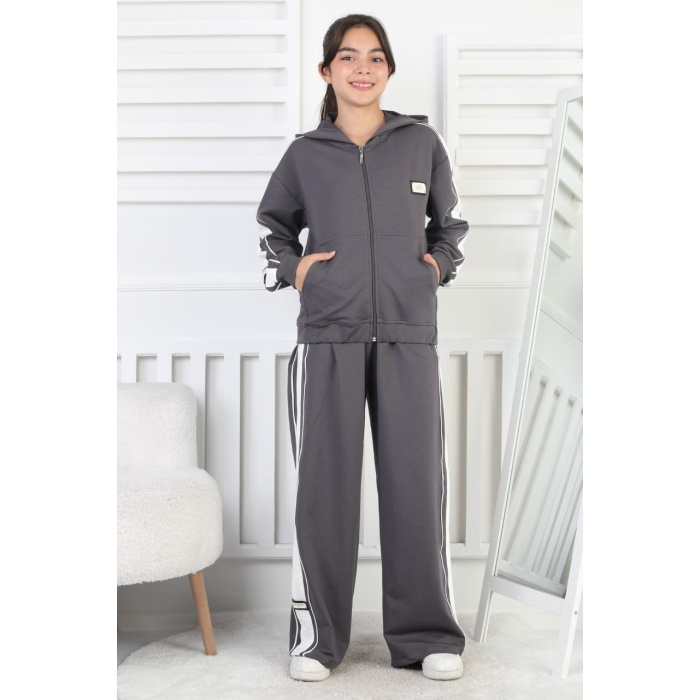 İki İplik Çizgili Kapşonlu Fermuarlı Kız Çocuk Takım