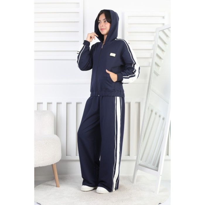 İki İplik Çizgili Kapşonlu Fermuarlı Kız Çocuk Takım