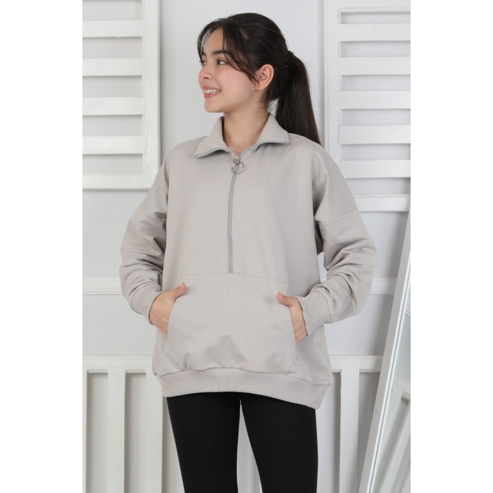Yarım Fermuarlı Kapüşonlu Kız Çocuk Sweatshirt
