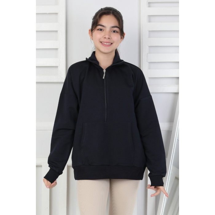 Yarım Fermuarlı Kapüşonlu Kız Çocuk Sweatshirt