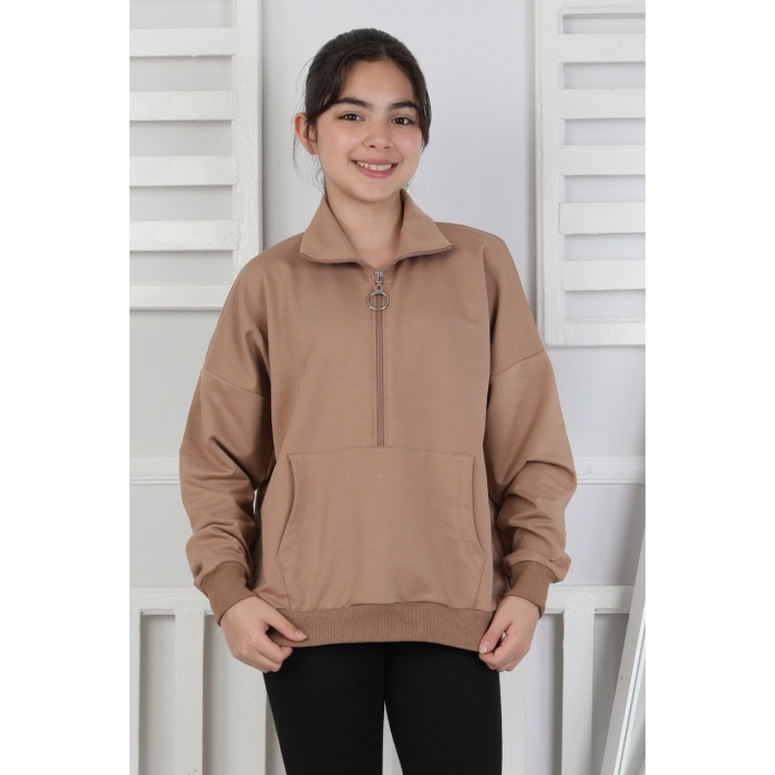 Yarım Fermuarlı Kapüşonlu Kız Çocuk Sweatshirt