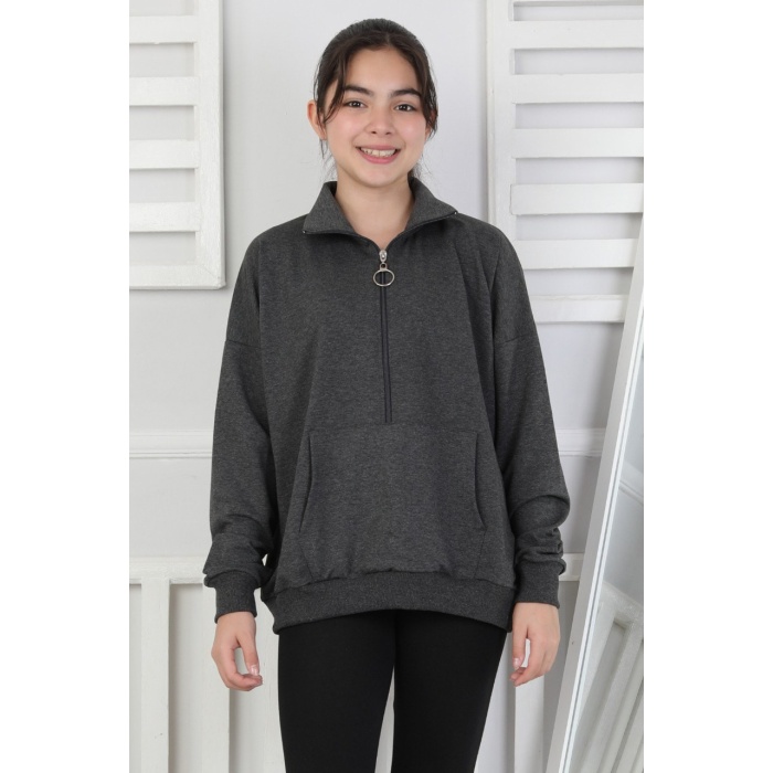 Yarım Fermuarlı Kapüşonlu Kız Çocuk Sweatshirt