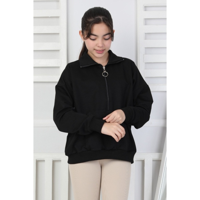 Yarım Fermuarlı Kapüşonlu Kız Çocuk Sweatshirt