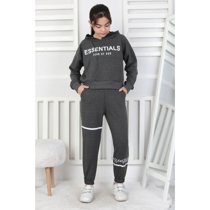 İki İplik Kapüşonlu Baskılı Kız Çocuk Takım