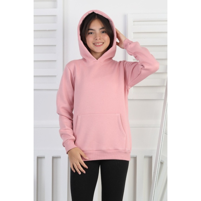 Şardonlu 3 İplik Kapşonlu Kız Çocuk Sweatshirt