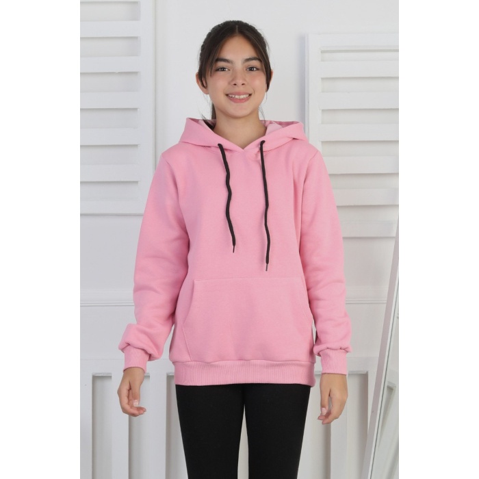 Şardonlu 3 İplik Kapşonlu Kız Çocuk Sweatshirt