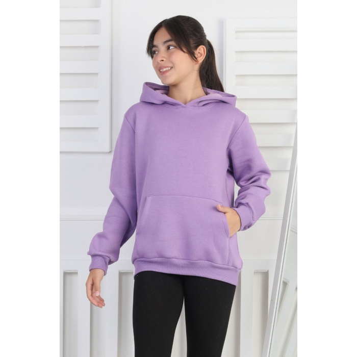 Şardonlu 3 İplik Kapşonlu Kız Çocuk Sweatshirt