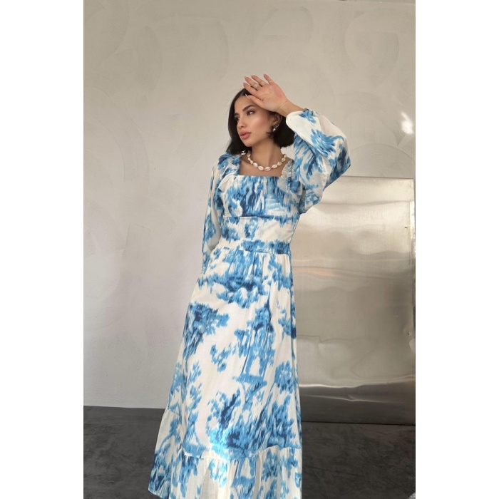 Mavi Arkası Gipeli Uzun Elbise