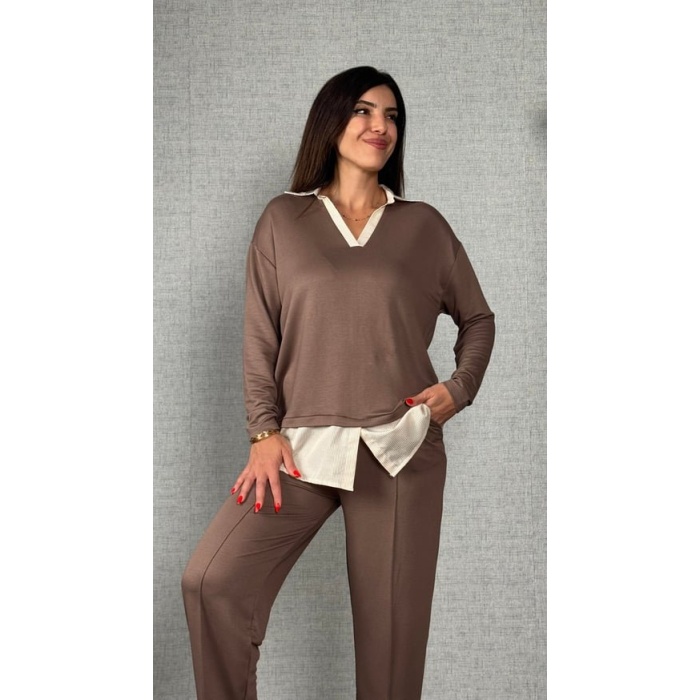 Polo Yaka Gömlek Detay Salaş Balon Pantolunlu ıkılı Takım