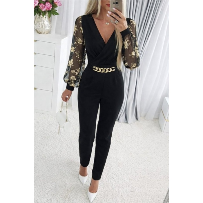 Kadın Uzun Kollu Kruvaze Yakalı Kolları çiçek Desenli Janjan Krep Tulum