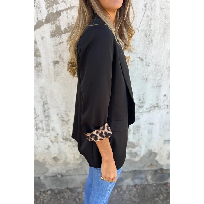 Kadın Uzun Kollu Yakalı önü Açık Leopar Desen Detaylı Astarlı Atlas Ceket
