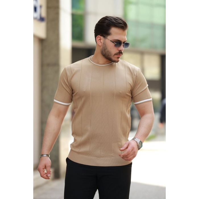 Erkek Bisiklet Yaka çizgi Desenli Ribanalı Kısa Kollu Tshirt