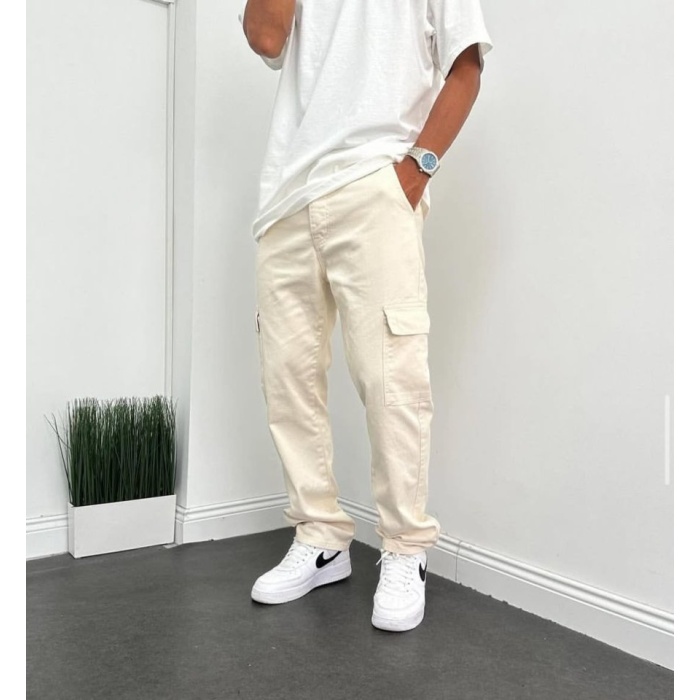 Erkek Krem Kargo Baggy Pantolon