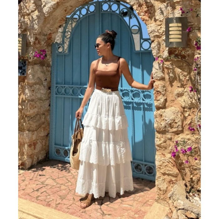 Katlı Pileli Etek - Ekru