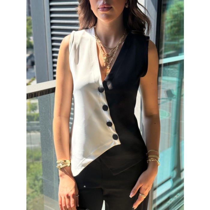 Kadın Sıfır Kol V Yakalı Düğmeli Blok Renkli Atlas Yelek