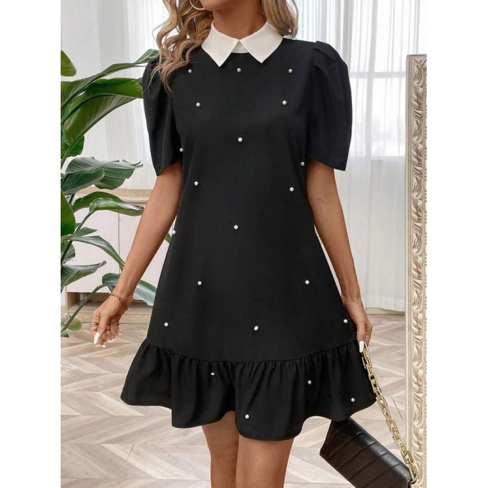 Kadın Kısa Kollu Yakalı Inci Detaylı Kısa Ithal Krep Elbise