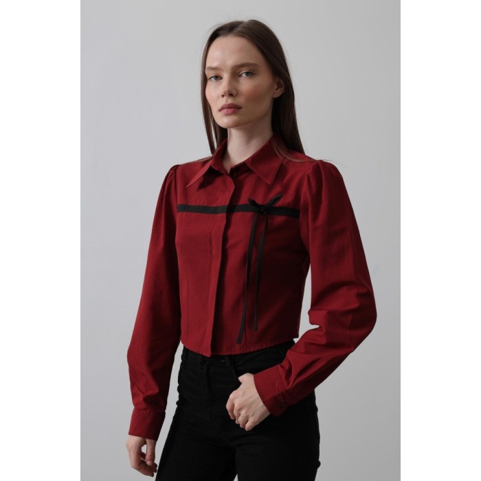 Önü Kontrast Fiyonklu Gömlek - Bordo