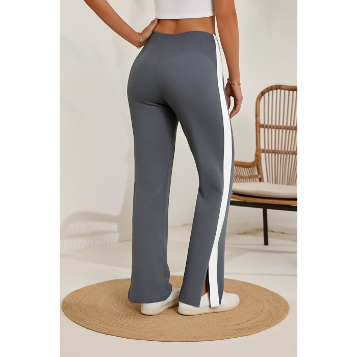 Kadın Yüksek Bel Yan şerit Detaylı Yırtmaçlı Viskon Iki Iplik Pantolon