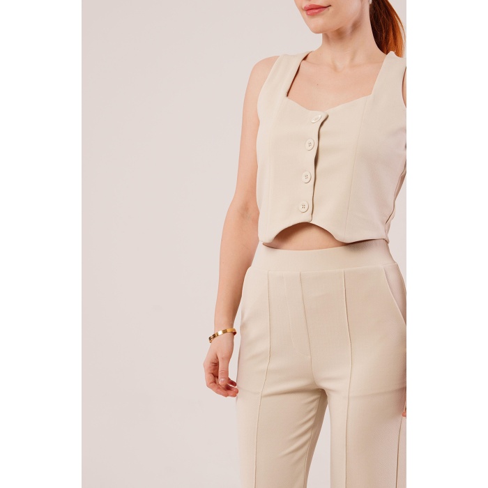 Kalın Askılı Düğmeli Yelek Ve Pantolon Bej Takım