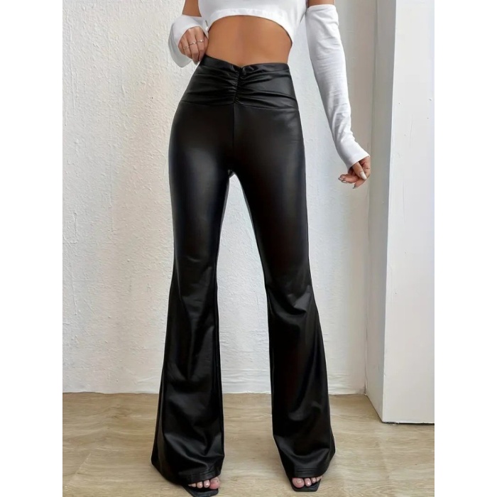 Kadın Yüksek Bel Beli Büzgülü Paçaya Doğru Geniş Deri Pantolon