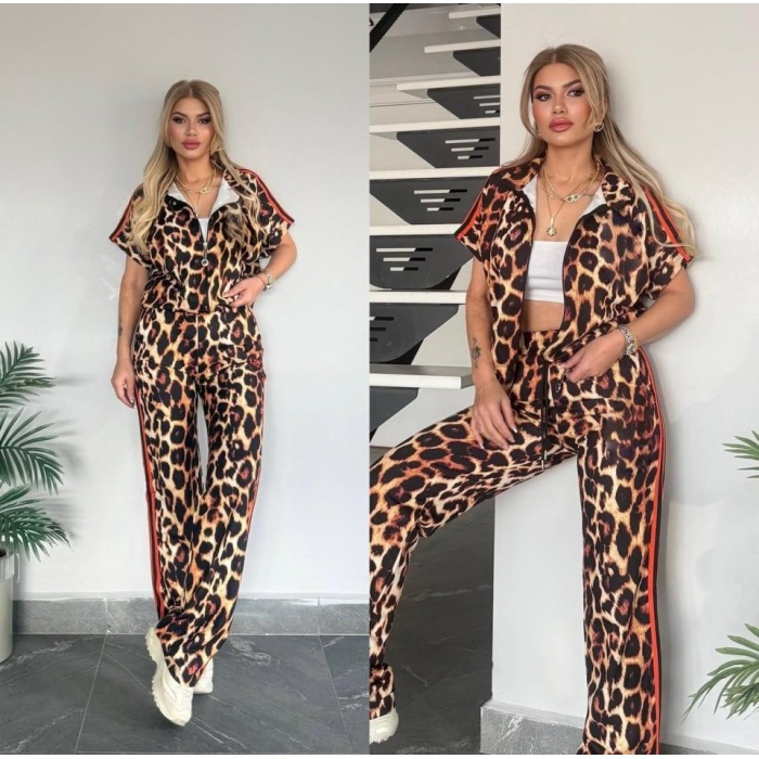 Kadın Dalgıç Kumaş Dijital Leopar Baskılı şerit Detaylı Takım
