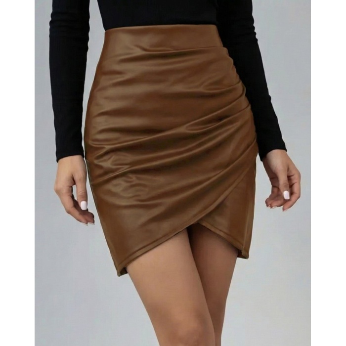 Kadın Yüksek Bel Yandan Fermuarlı Pileli Mini Deri Etek