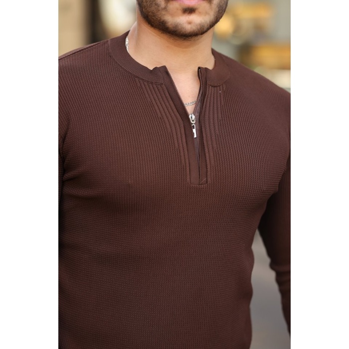 Erkek Fermuarlı Bisiklet Yaka Dokulu Uzun Kollu Triko