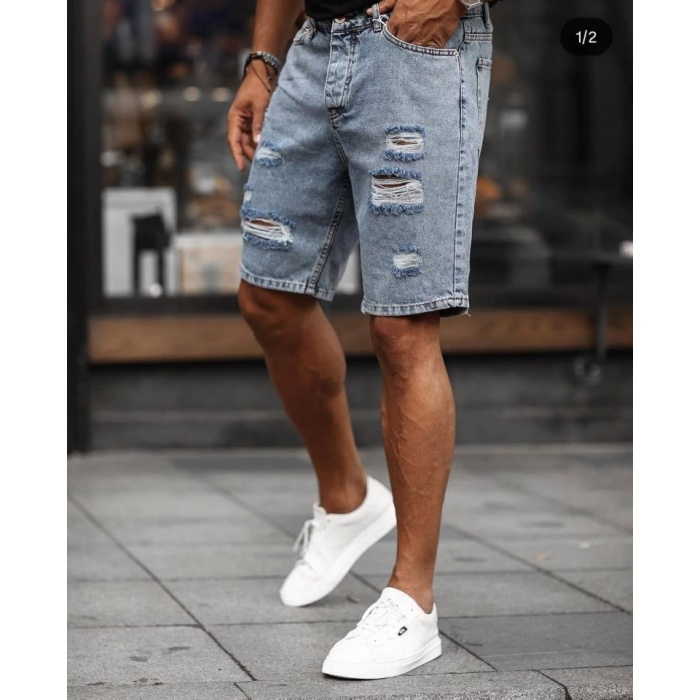 Erkek Buz Mavi Yırtık Detaylı Kot Şort