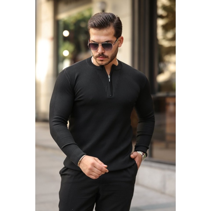 Erkek Fermuarlı Bisiklet Yaka Dokulu Uzun Kollu Triko