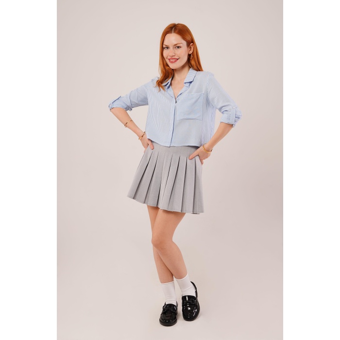 Tek Cep Çizgili Mavi Kısa Gömlek