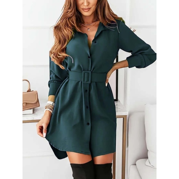 Kadın Uzun Kollu Yakalı Belden Kemerli Kıs Ithal Krep Elbise