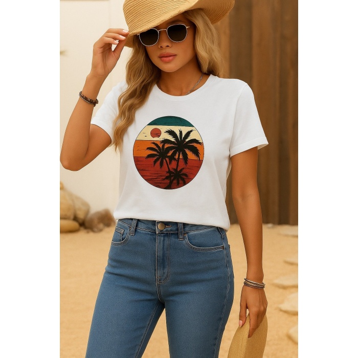 Kadın Kısa Kollu Palmiye Baskılı Viskon T-shirt