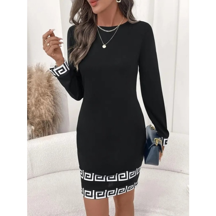 Kadın Uzun Kollu Bisiklet Yaka Mini Ithal Krep Elbise