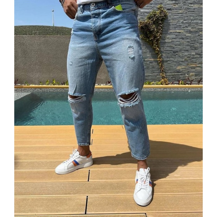 Erkek Buz Mavi Boyfriend Yırtık Detaylı Jean