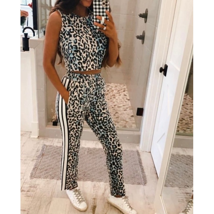 Kadın Dalgıç Kumaş Dijital Leopar Baskılı şerit Detaylı Takım